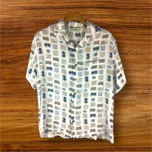 CARIBBEAN Men's Button-Front Short Sleeve White Rayon Tropical Pineapple Size L